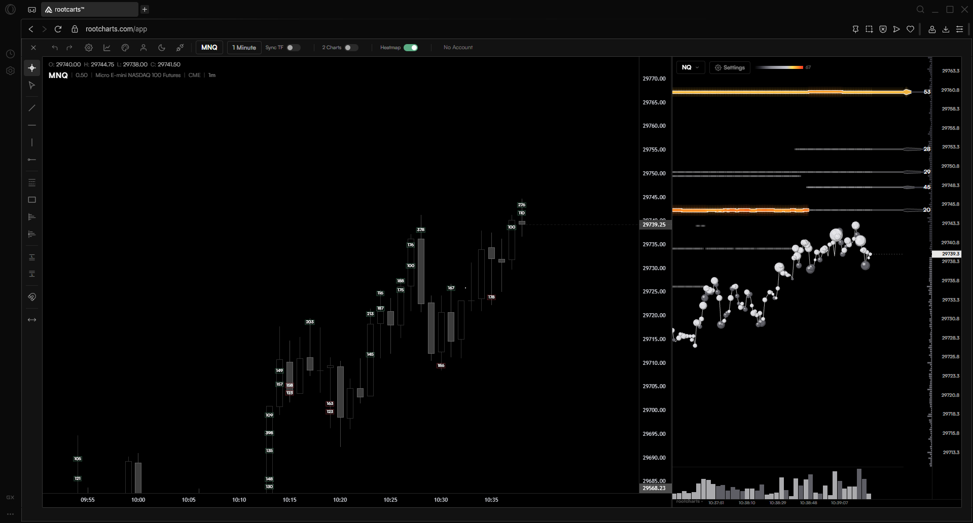 The rootcharts platform: chart with big trades, order-book heatmap and order panel
